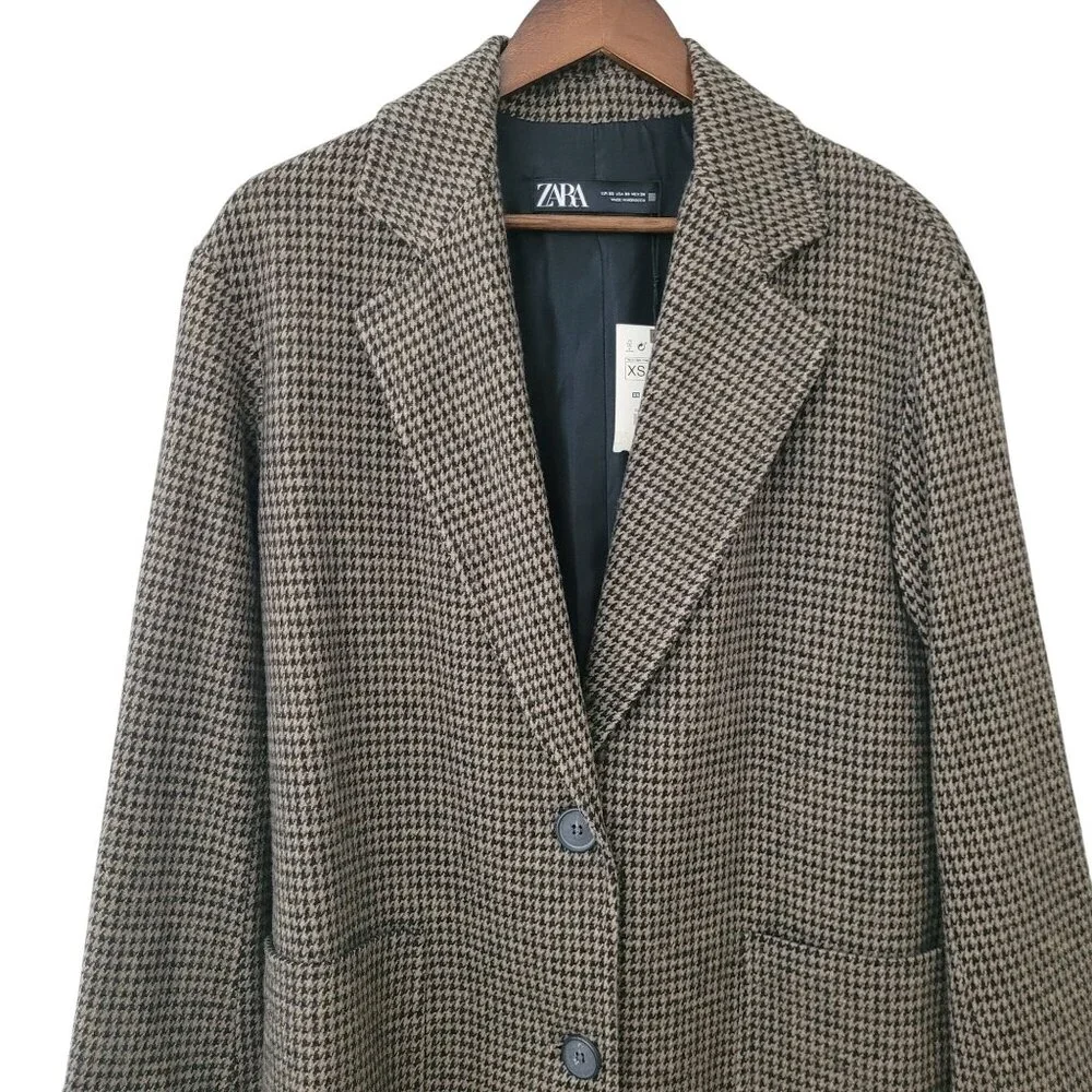 Zara Single Breasted Houndstooth Blazer Sports Coat Jacket Size XS Brown NWT - Picture 4 of 8